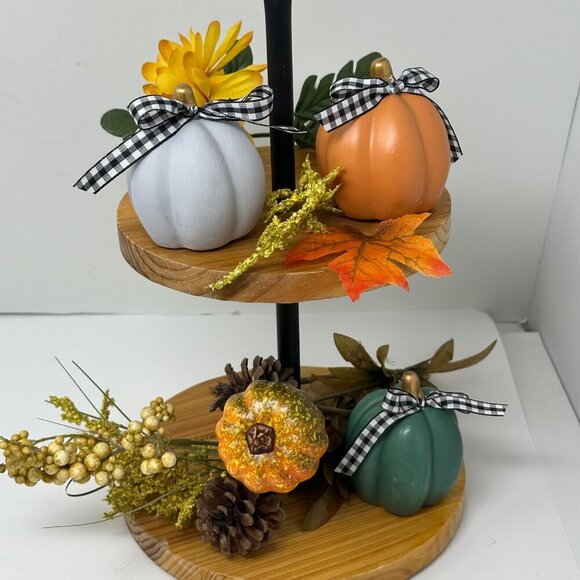 Mini Ceramic Pumpkins Set of 3 Orange Green Gray Hand Tied Bow Fall Decor Autumn - Picture 7 of 8